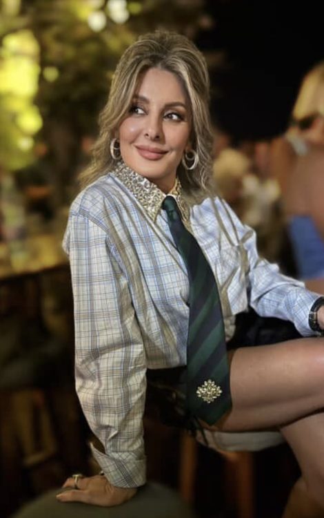 Jessica Absi // Blue Checkered Shirt with Rhinestone Details & Statement Scarf - Faraya, Lebanon