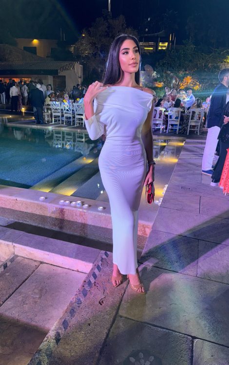 Sofia Zahr // Long White Dress with Gold Brooch — Beirut, Lebanon